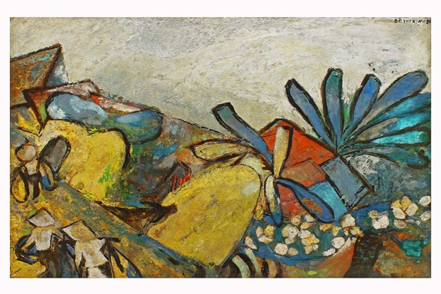 Tranh sơn mài &apos;&apos;Làng ven đê&apos;&apos; (Đỗ Thị Ninh, 1993)