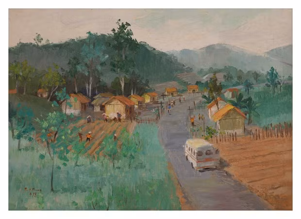 Tranh sơn dầu ''Làng Hà Nội trên vùng kinh tế Lâm Đồng'' (Phạm Đức Phong, 1978)