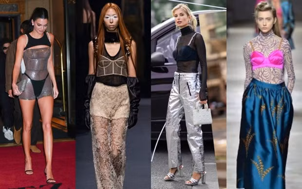 Mặc nội y bên ngoài: Kiểu biến tấu này có thể xem là độc đáo và mang tính thử thách nhất. Với việc mặc nội y ra bên ngoài trang phục trong suốt, bạn sẽ đồng thời “bắt trend” được cả hai trào lưu thời trang nổi bật nhất năm nay là trang phục xuyên thấu và mốt “khoe” nội y.