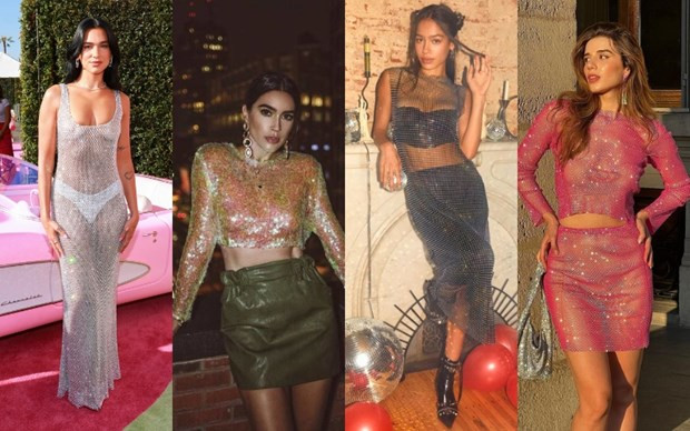 Xuyên thấu và bling bling: Với một năm được coi là kỷ nguyên của những món đồ lấp lánh do hiệu ứng Barbiecore và The Eras Tour của Taylor Swift, sự kết hợp giữa hai chi tiết này chắc chắn sẽ đem đến cho bạn vẻ ngoài đầy cuốn hút. Trang phục xuyên thấu có hiệu ứng lấp lánh thường là kiểu vải đính kết sequin, hạt đá nhỏ, sợi chuỗi kim loại có mắt xích,…