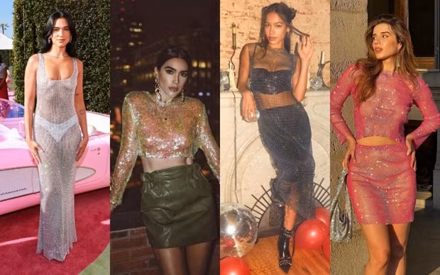 Xuyên thấu và bling bling: Với một năm được coi là kỷ nguyên của những món đồ lấp lánh do hiệu ứng Barbiecore và The Eras Tour của Taylor Swift, sự kết hợp giữa hai chi tiết này chắc chắn sẽ đem đến cho bạn vẻ ngoài đầy cuốn hút. Trang phục xuyên thấu có hiệu ứng lấp lánh thường là kiểu vải đính kết sequin, hạt đá nhỏ, sợi chuỗi kim loại có mắt xích,…