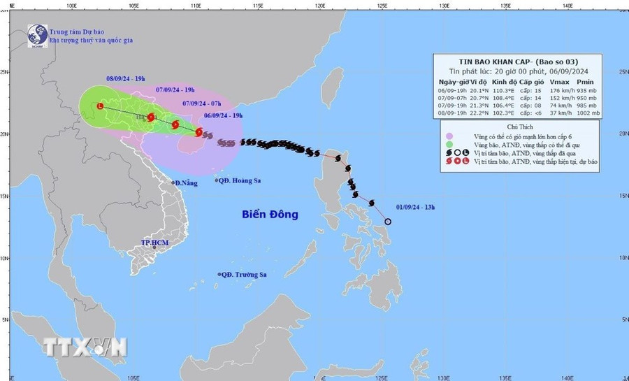 Bản đồ đường đi của bão số 3 lúc 19 giờ ngày 6/9. (Ảnh: TTXVN phát) Bản đồ đường đi của bão số 3 lúc 19 giờ ngày 6/9. (Ảnh: TTXVN phát)
