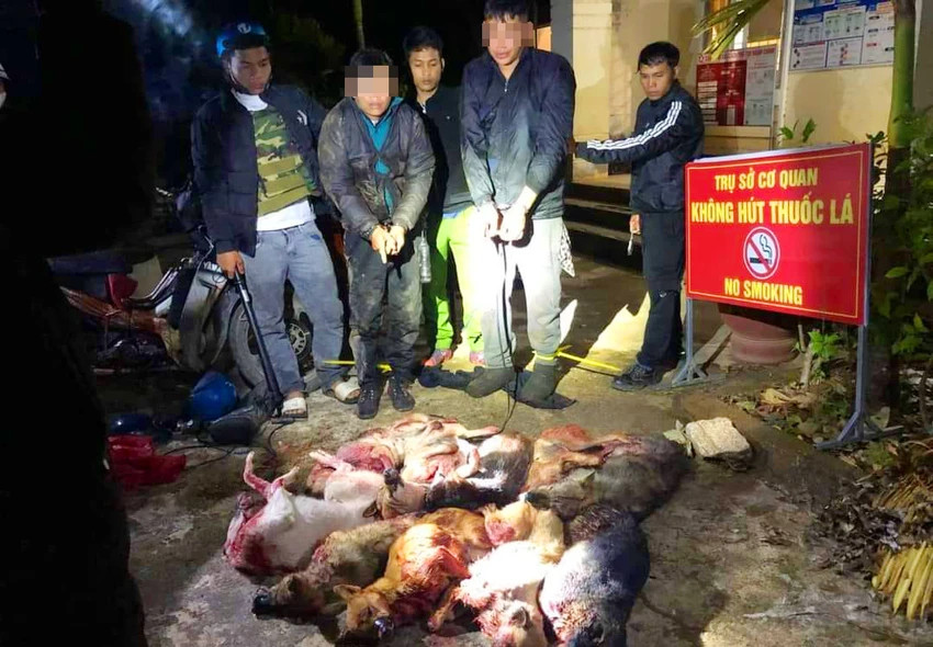 Hai đối tượng trộm chó bị bắt giữ cùng tang vật. Ảnh: CACC.