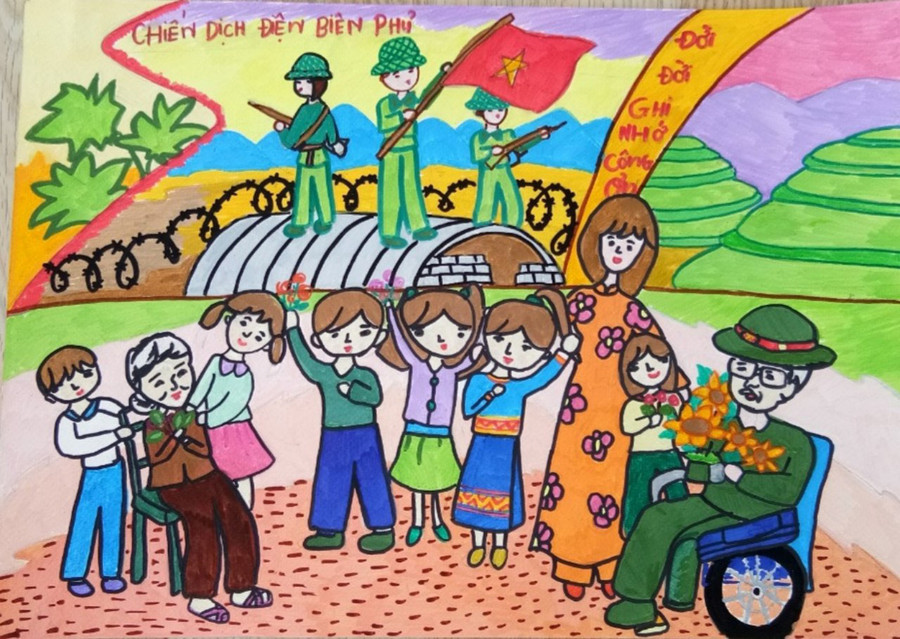 Bức tranh đạt giải ba toàn quốc cuộc thi “Vẽ tranh của thiếu niên, nhi đồng về chiến thắng Điện Biên Phủ và hình ảnh Điện Biên Phủ hôm nay” của em Mai Đinh Linh Đan. Bức tranh đạt giải ba toàn quốc cuộc thi “Vẽ tranh của thiếu niên, nhi đồng về chiến thắng Điện Biên Phủ và hình ảnh Điện Biên Phủ hôm nay” của em Mai Đinh Linh Đan.