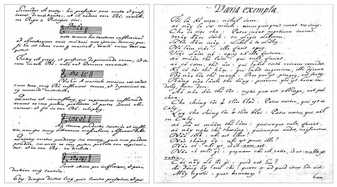 Pina đánh dấu thanh tiếng Việt bằng khuôn nhạc (ảnh trái) và một bản di cảo của giáo sĩ Pina. Ảnh: ST