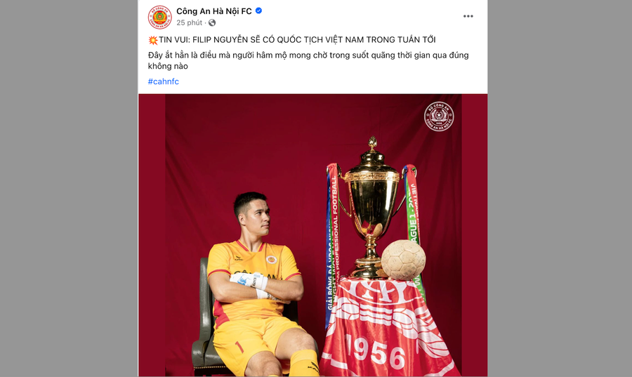 Fanpage CLB CAHN báo tin vui về Filip Nguyễn. Ảnh chụp màn hình