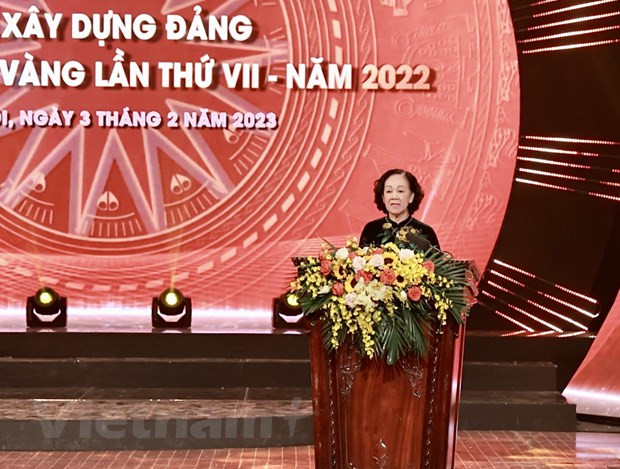 Bà Trương Thị Mai, Ủy viên Bộ Chính trị, Bí thư Trung ương Đảng, Trưởng Ban Tổ chức Trung ương phát động Giải báo chí toàn quốc về xây dựng Đảng (Giải Búa liềm vàng) lần thứ VIII-năm 2023. (Ảnh: Hiếu Hoàng/Vietnam+) Bà Trương Thị Mai, Ủy viên Bộ Chính trị, Bí thư Trung ương Đảng, Trưởng Ban Tổ chức Trung ương phát động Giải báo chí toàn quốc về xây dựng Đảng (Giải Búa liềm vàng) lần thứ VIII-năm 2023. (Ảnh: Hiếu Hoàng/Vietnam+)