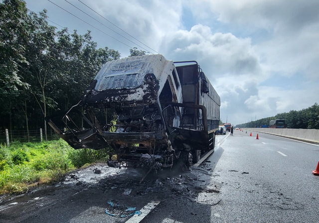 Xe tải bốc cháy dữ dội trên cao tốc Phan Thiết – Dầu Giây - Ảnh 1. Hiện trường vụ cháy xe. CỤC CSGT CUNG CẤP