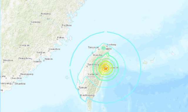 Trận động đất kép có tâm chấn rất gần bờ biển đảo Đài Loan - Trung Quốc - Ảnh: USGS Trận động đất kép có tâm chấn rất gần bờ biển đảo Đài Loan - Trung Quốc - Ảnh: USGS