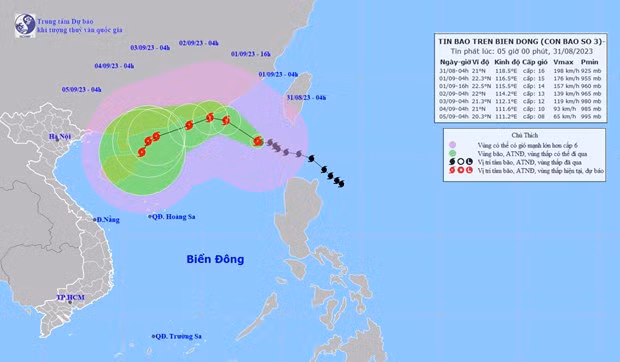 Vị trí và đường đi của cơn bão số 3. (Nguồn: Trung tâm Dự báo Khí tượng Thủy văn Quốc gia)