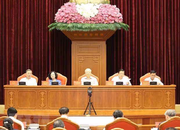 Tổng Bí thư Nguyễn Phú Trọng và các đồng chí Thường trực Ban Chỉ đạo Trung ương về phòng, chống tham nhũng, tiêu cực chủ trì hội nghị. (Ảnh: Trí Dũng/TTXVN)