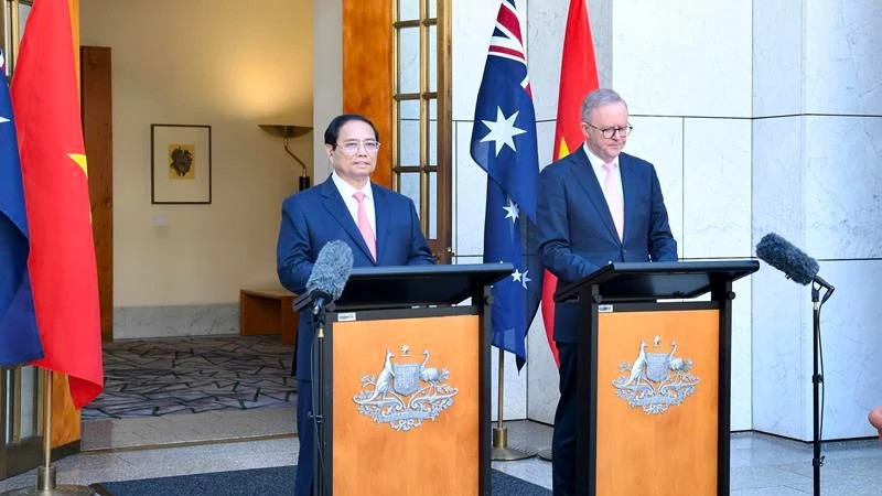 Thủ tướng Phạm Minh Chính và Thủ tướng Australia Anthony Albanese họp báo, thông báo nâng cấp quan hệ lên Đối tác chiến lược toàn diện giữa Việt Nam và Australia. (Ảnh: Nhật Bắc) Thủ tướng Phạm Minh Chính và Thủ tướng Australia Anthony Albanese họp báo, thông báo nâng cấp quan hệ lên Đối tác chiến lược toàn diện giữa Việt Nam và Australia. (Ảnh: Nhật Bắc)