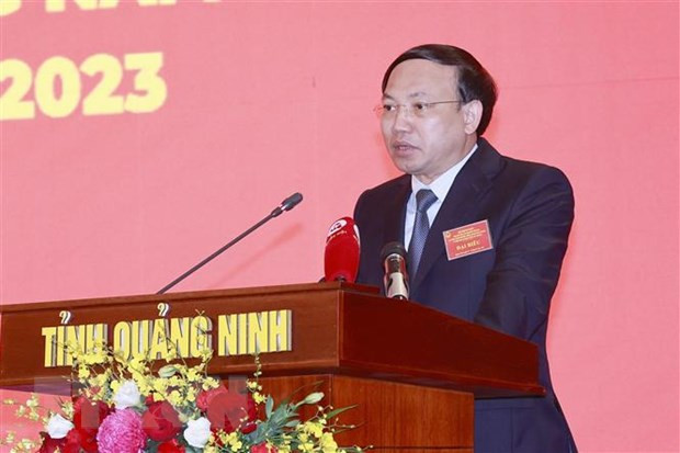 Bí thư Tỉnh ủy, Chủ tịch Hội đồng Nhân dân tỉnh Quảng Ninh Nguyễn Xuân Ký phát biểu chào mừng hội nghị. (Ảnh: Doãn Tấn/TTXVN)