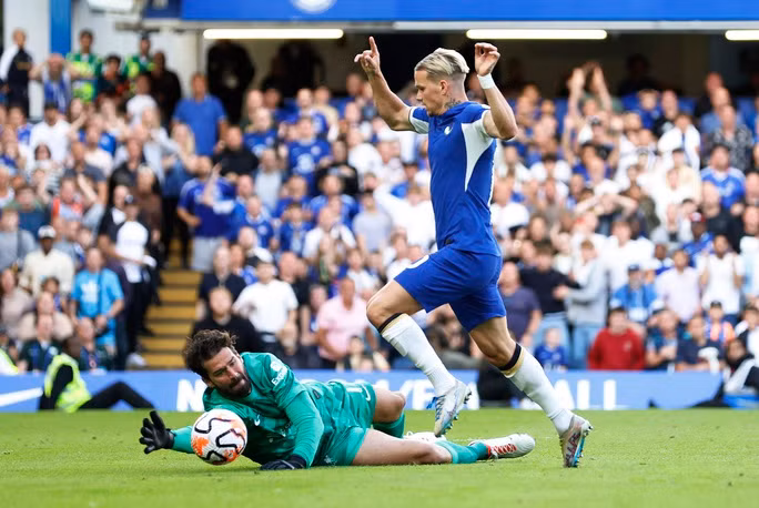 Mykhailo Mudryk ở tình huống đối mặt với thủ môn Alisson Becker