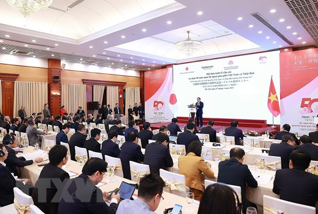 Sáng 7/3, tại Hà Nội, Thủ tướng Phạm Minh Chính dự và phát biểu tại hội thảo kinh tế cấp cao nhân kỷ niệm 50 năm thiết lập quan hệ ngoại giao giữa Việt Nam-Nhật Bản. (Ảnh: Dương Giang/Vietnam+)