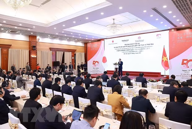 Sáng 7/3, tại Hà Nội, Thủ tướng Phạm Minh Chính dự và phát biểu tại hội thảo kinh tế cấp cao nhân kỷ niệm 50 năm thiết lập quan hệ ngoại giao giữa Việt Nam-Nhật Bản. (Ảnh: Dương Giang/Vietnam+)