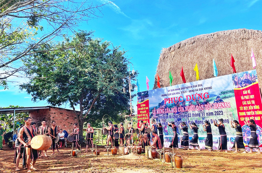 Người Bahnar làng Đak Mong (xã Đak Krong, huyện Đak Đoa) hân hoan trong lễ mừng lúa mới. Ảnh: H.N