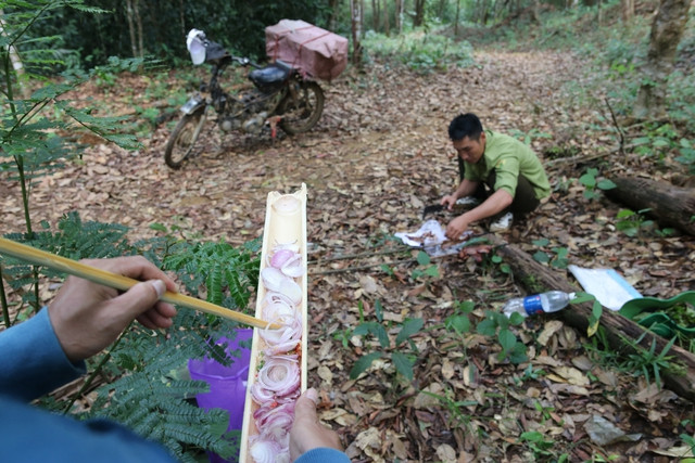 Giải cứu từ tay thợ săn, chú khỉ cụt chân được tái thả về rừng Tà Đùng - Ảnh 6. Nhóm kiểm lâm thuộc VQG Tà Đùng nấu ăn dã chiến sau khi thả con khỉ về lại rừng già. Ảnh: Xuân Lâm