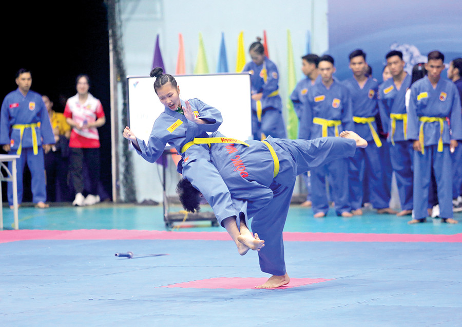 Các võ sĩ Vovinam đã thi triển những động tác võ thuật đẹp mắt tại Giải Vô địch các đội mạnh Vovinam toàn quốc lần thứ 15. Ảnh: L.V.N