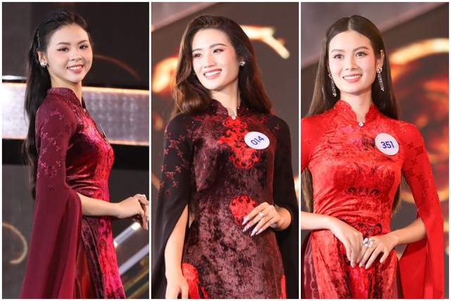 Các thí sinh đằm thắm, thướt tha trong tà áo dài Nền di sản của nhà thiết kế Đỗ Trịnh Hoài Nam. Ảnh: Minh Hy