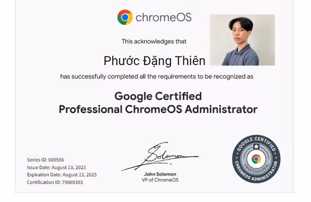 Chứng nhận từ Google cho Phước vào tháng 8.2023