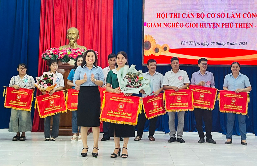 Ban tổ chức trao giải nhất toàn đoàn Hội thi cán bộ cơ sở làm công tác giảm nghèo giỏi cho đội thi xã Ia Peng. Ảnh: N.H Ban tổ chức trao giải nhất toàn đoàn Hội thi cán bộ cơ sở làm công tác giảm nghèo giỏi cho đội thi xã Ia Peng. Ảnh: N.H
