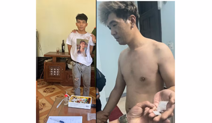 Đối tượng Y Thuễ (bìa trái), đối tượng Lê Đức Độ (bìa phải) cùng tang vật. Ảnh: Quốc Việt