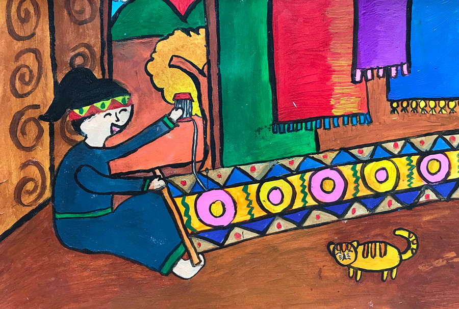 Bức tranh “Dệt vải thổ cẩm” của em Trương Ngọc Minh Quỳnh đạt giải khuyến khích tại cuộc thi và triển lãm tranh thiếu nhi toàn quốc năm 2023. Ảnh Mộc Trà Bức tranh “Dệt vải thổ cẩm” của em Trương Ngọc Minh Quỳnh đạt giải khuyến khích tại cuộc thi và triển lãm tranh thiếu nhi toàn quốc năm 2023. Ảnh Mộc Trà