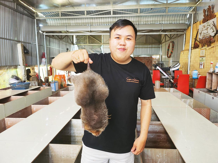 Anh Lê Thành Trung trong trại nuôi dúi của gia đình. Ảnh: Trần Bình Định Anh Lê Thành Trung trong trại nuôi dúi của gia đình. Ảnh: Trần Bình Định