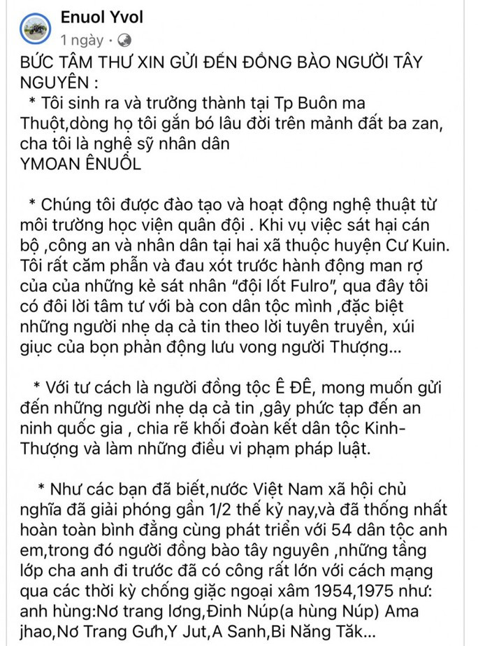 Bức thư của con trai cố NSND Y Moan gởi đồng bào Tây Nguyên