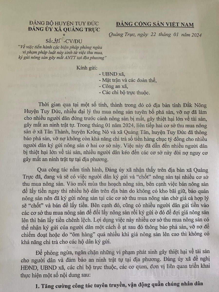 Đảng ủy xã Quảng Trực, huyện Tuy Đức (Đắk Nông) kịp thời ban hành văn bản định hướng người dân không nên ký gửi nông sản