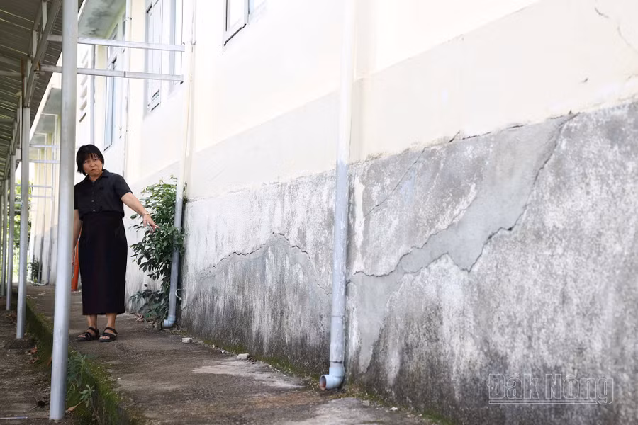 Móng nhà và tường dãy nhà 3 tầng, 12 phòng học của Trường THPT Krông Nô xuất hiện các vệt nứt lớn, kéo dài.