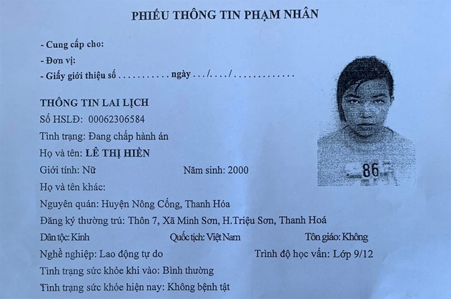 Phiếu tiếp nhận thông tin phạm nhân. Ảnh: Công an cung cấp Phiếu tiếp nhận thông tin phạm nhân. Ảnh: Công an cung cấp