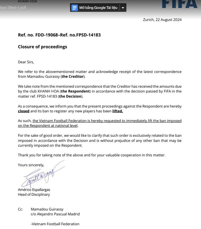 Văn bản của FIFA.