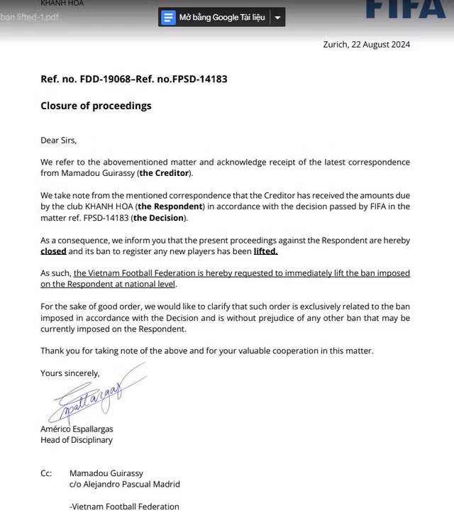 Văn bản của FIFA.
