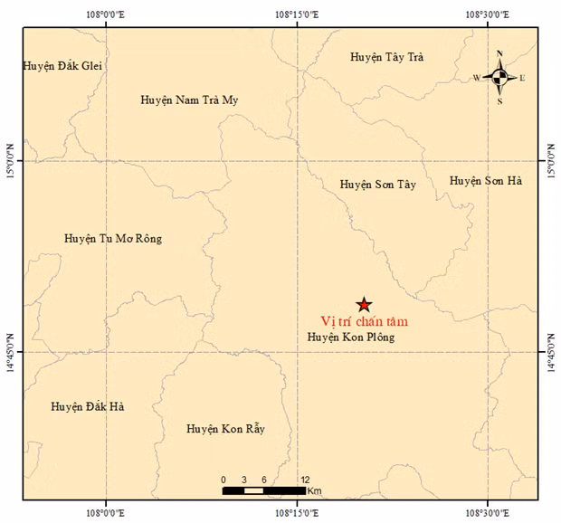 Một trận động đất xảy ra ở huyện Kon Plông, tỉnh Kon Tum ngày 18/2. (Nguồn: Trung tâm báo tin động đất và cảnh báo sóng thần)