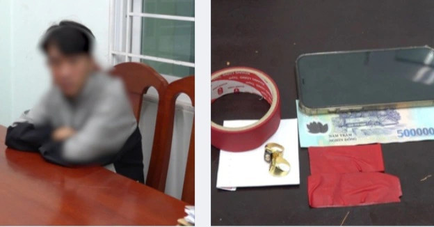 Nam sinh cướp tiệm vàng cùng tang vật. Ảnh: Công an