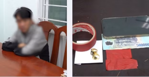 Nam sinh cướp tiệm vàng cùng tang vật. Ảnh: Công an