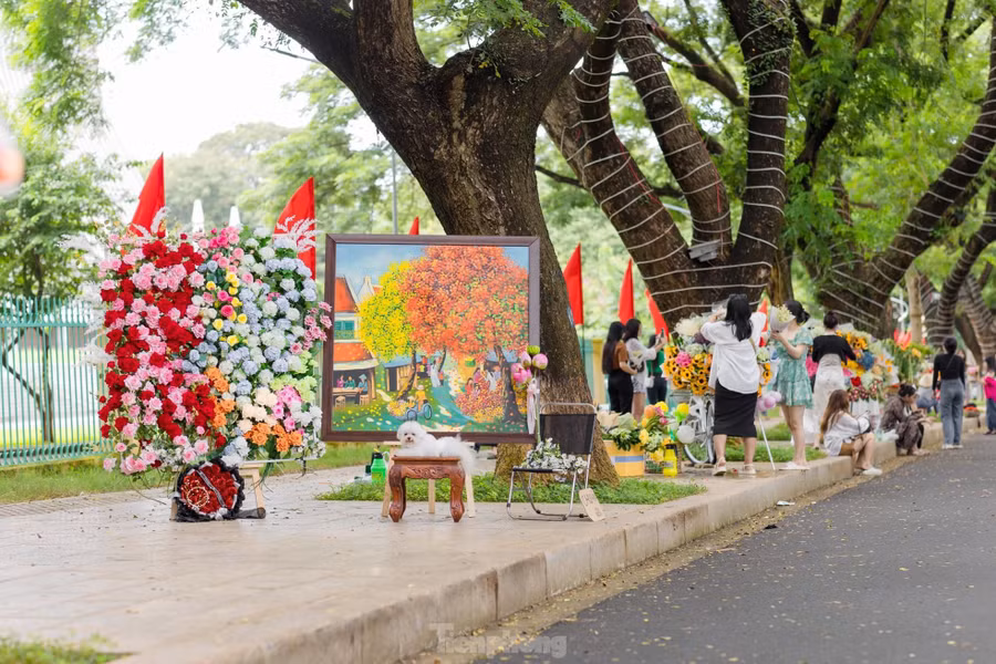 Từ sáng sớm, đường Phan Đình Giót (phường Tân Tiến) với những bức bích họa đầy ấn tượng nằm kề bên hàng cây cổ thụ phủ bóng tuyệt đẹp, thu hút nhiều người dân và du khách đến đây.