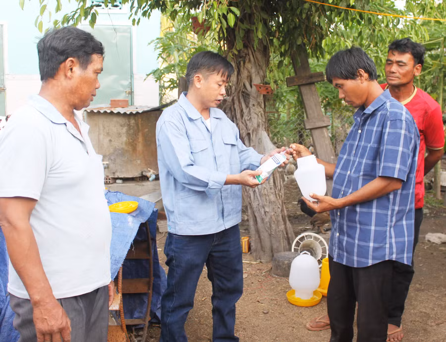 Giảng viên Lê Quốc Dũng (thứ 2 từ trái sang, Khoa Nông-lâm Trường Cao đẳng Gia Lai) hướng dẫn học viên pha thuốc phòng bệnh vào nước uống cho gà con 1 tuần tuổi. Ảnh: Vũ Chi