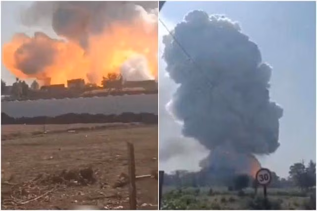 Khói và lửa bốc lên từ hiện trường vụ nổ. CHỤP MÀN HÌNH THE STRAITS TIMES