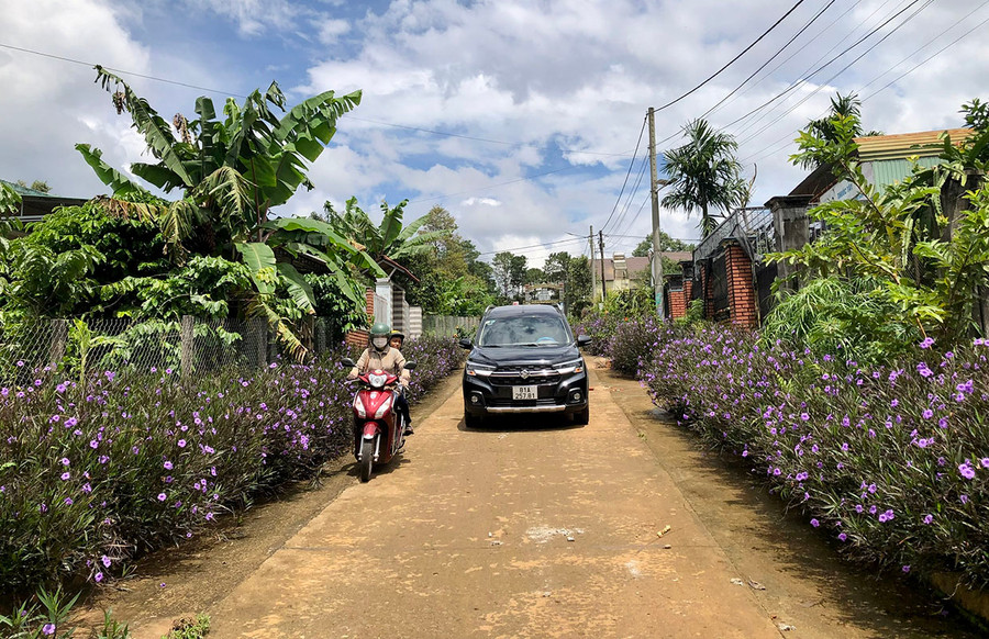 Con đường hoa đẹp mắt ở làng Ia Nueng. Ảnh: Lê Nam
