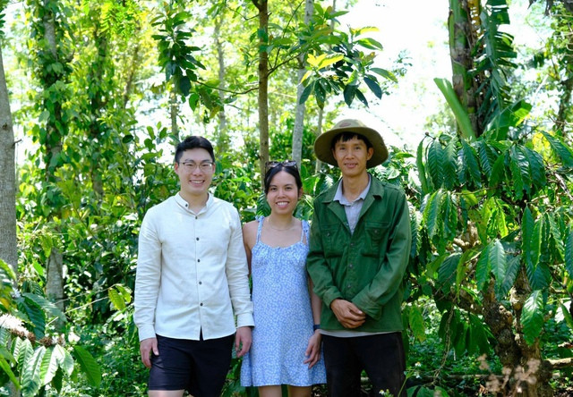 Khách tham quan vườn tiêu xen canh cà phê của Dũng. Ảnh: NVCC