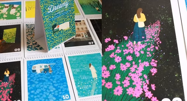 Những bức ảnh do chị Xuân Lộc vẽ trang trí trên lịch. Ảnh: NVCC