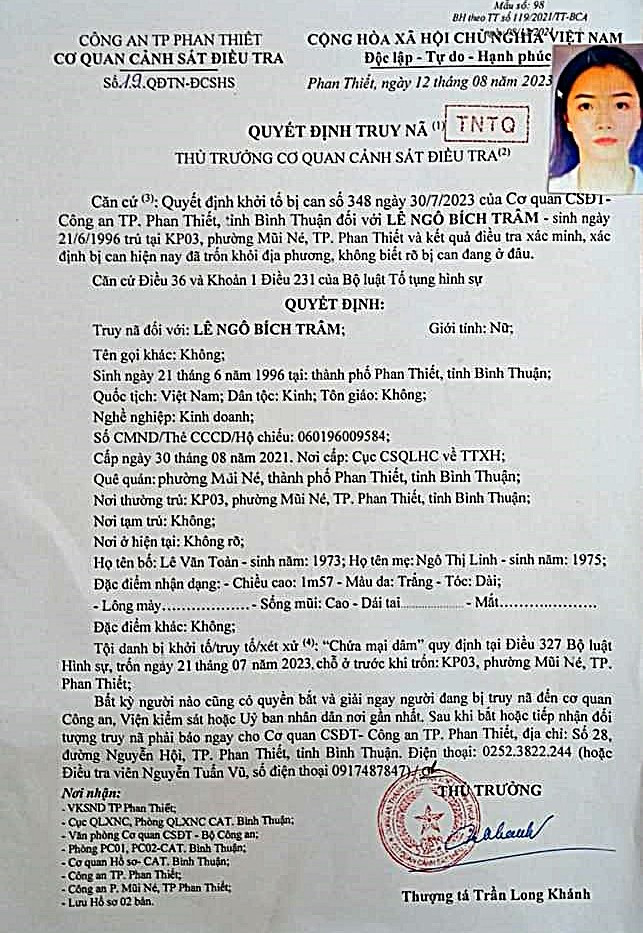 Quyết định truy nã Lê Ngô Bích Trâm.