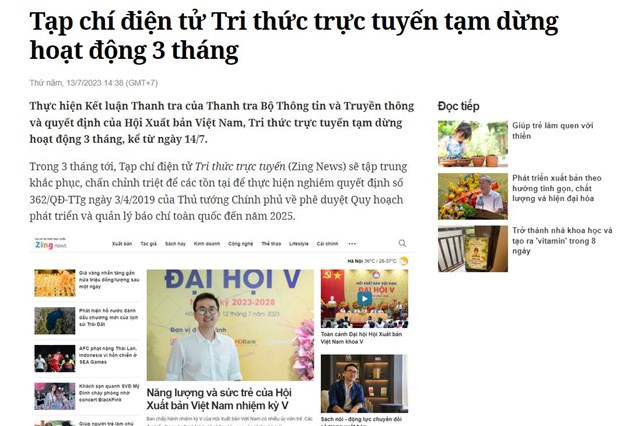Thông báo trên trang chủ của Zing News. (Nguồn: Vietnam+) Thông báo trên trang chủ của Zing News. (Nguồn: Vietnam+)