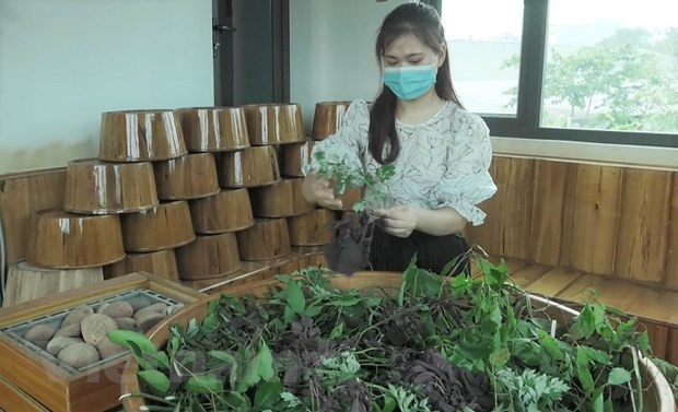 Chuẩn bị nguyên liệu cho một phòng xông hơi bằng các loại thảo dược. (Nguồn: Vietnam+) Chuẩn bị nguyên liệu cho một phòng xông hơi bằng các loại thảo dược. (Nguồn: Vietnam+)