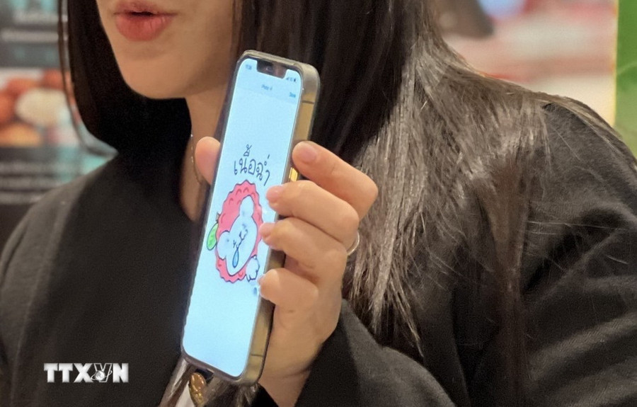 Nhân viên đơn vị nhập khẩu giới thiệu về bộ sticker do Sáng kiến Mầm sáng tạo để quảng bá vải thiều Việt Nam tại Thái Lan. (Ảnh: Huy Tiến/TTXVN)