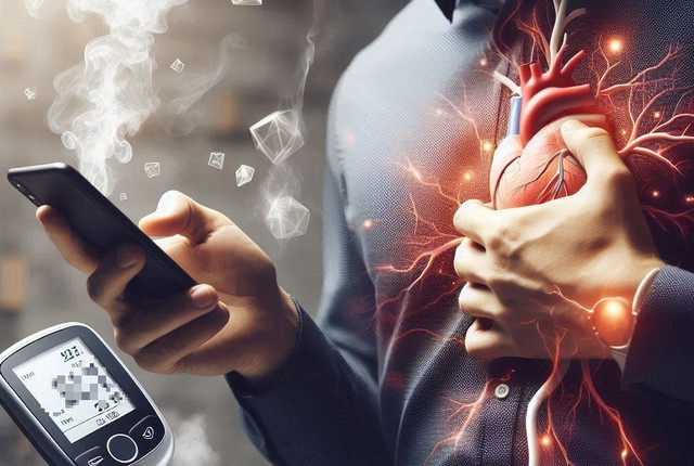 Nguy cơ mắc nhóm bệnh tim mạch gây chết người hàng đầu có thể đến bởi tác động hiệp đồng của thói quen dùng điện thoại, hút thuốc và bệnh tiểu đường - Minh họa AI: Anh Thư Nguy cơ mắc nhóm bệnh tim mạch gây chết người hàng đầu có thể đến bởi tác động hiệp đồng của thói quen dùng điện thoại, hút thuốc và bệnh tiểu đường - Minh họa AI: Anh Thư