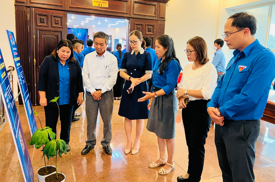 Chị Võ Thị Thùy Ngân (thứ ba từ phải qua) giới thiệu về cây thất diệp nhất chi hoa. Ảnh: Phan Lài